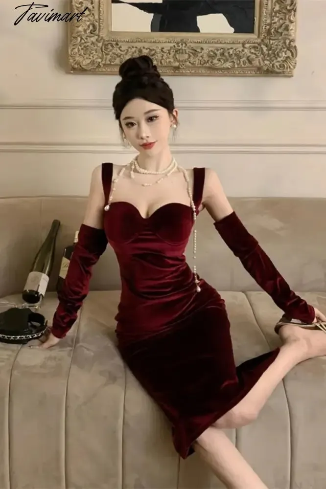 TAVIMART -  Sweet Hot Girl Retro Sexy Velvet Strap Dress for Women Autumn and Winter Square Collar Split Mermaid Wrap Hip Long Evening Dress