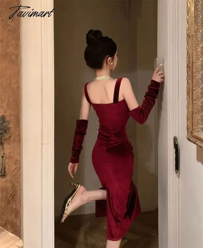 TAVIMART -  Sweet Hot Girl Retro Sexy Velvet Strap Dress for Women Autumn and Winter Square Collar Split Mermaid Wrap Hip Long Evening Dress