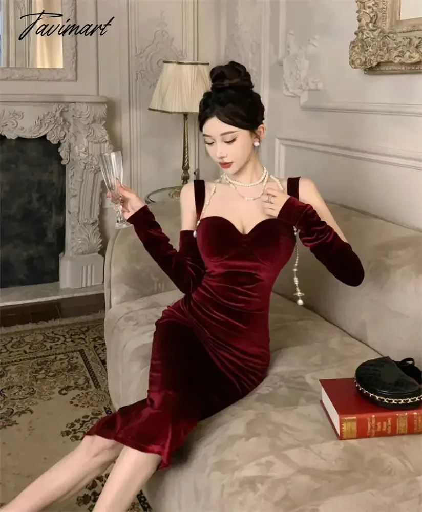 TAVIMART -  Sweet Hot Girl Retro Sexy Velvet Strap Dress for Women Autumn and Winter Square Collar Split Mermaid Wrap Hip Long Evening Dress