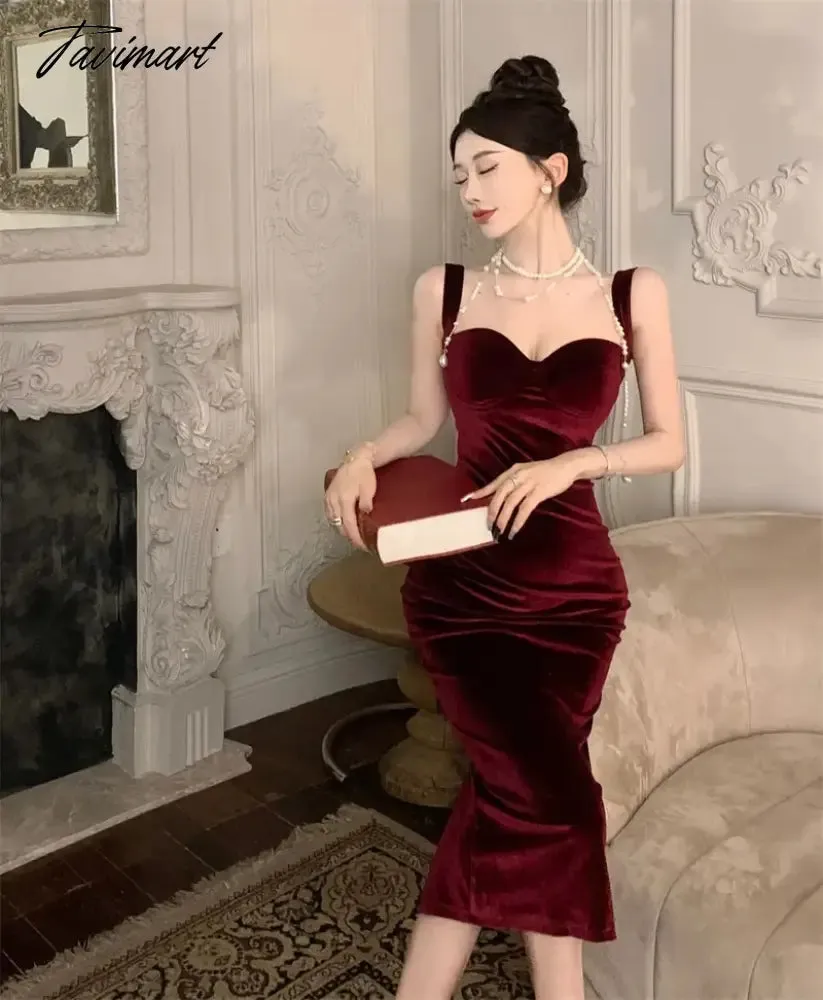 TAVIMART -  Sweet Hot Girl Retro Sexy Velvet Strap Dress for Women Autumn and Winter Square Collar Split Mermaid Wrap Hip Long Evening Dress