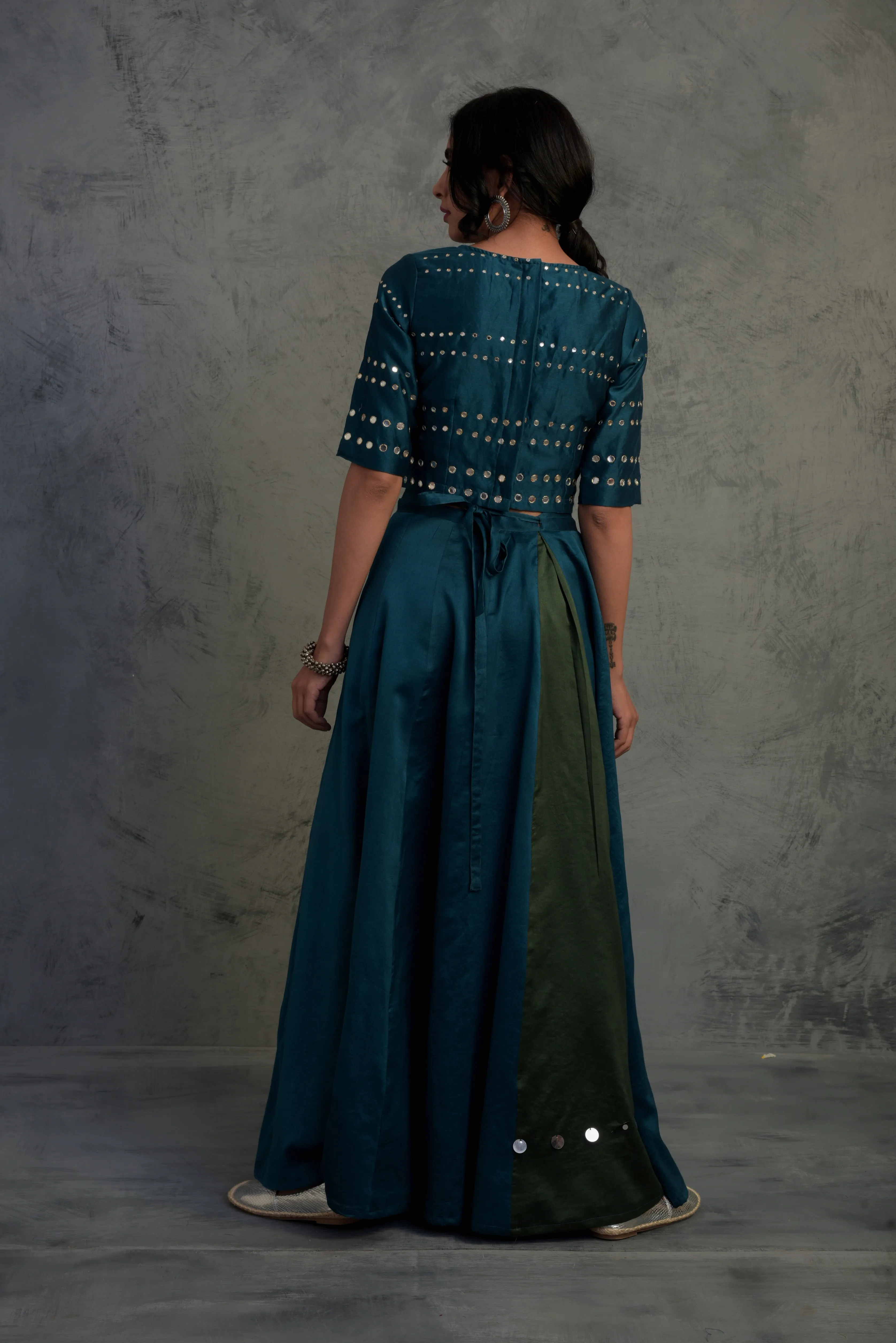 Teal Blue Crop-top Wrap Lehenga - Set of 3