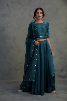 Teal Blue Crop-top Wrap Lehenga - Set of 3