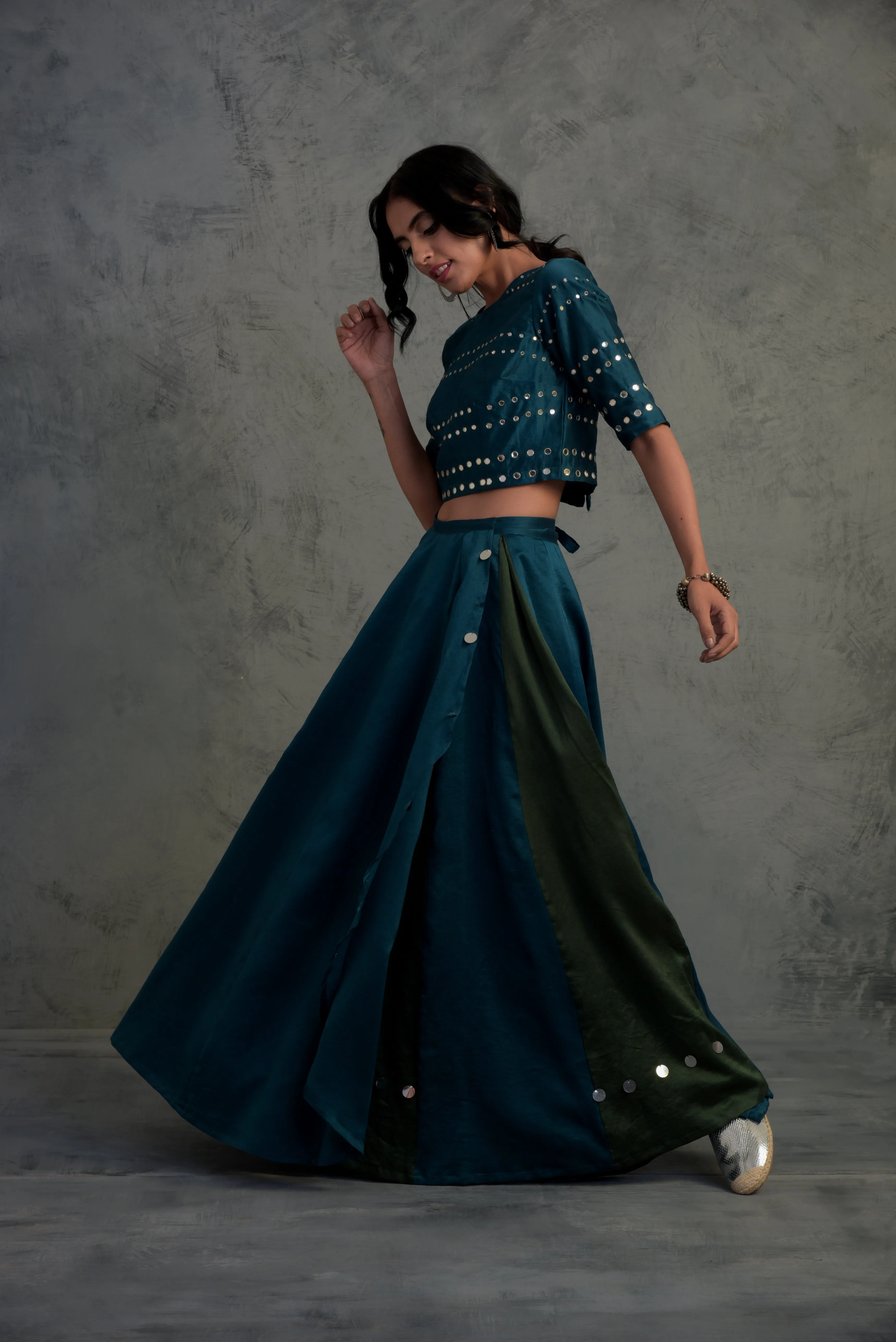 Teal Blue Crop-top Wrap Lehenga - Set of 3