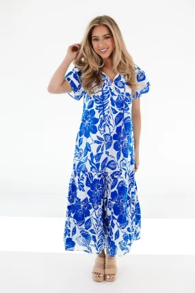 The Laken Ruffle Sleeve Midi Dress - Blue
