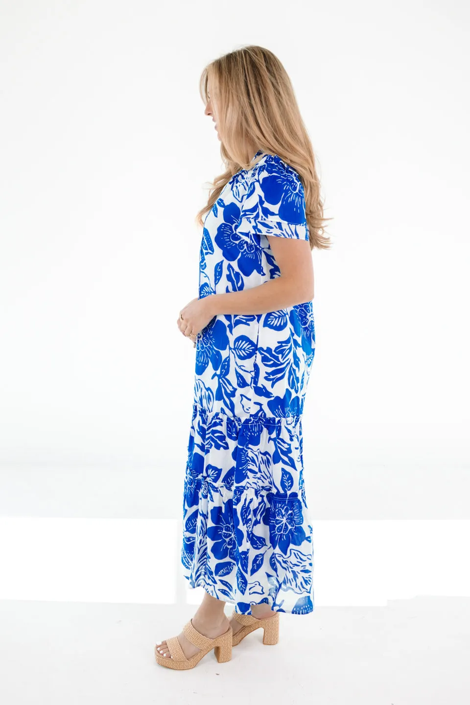 The Laken Ruffle Sleeve Midi Dress - Blue