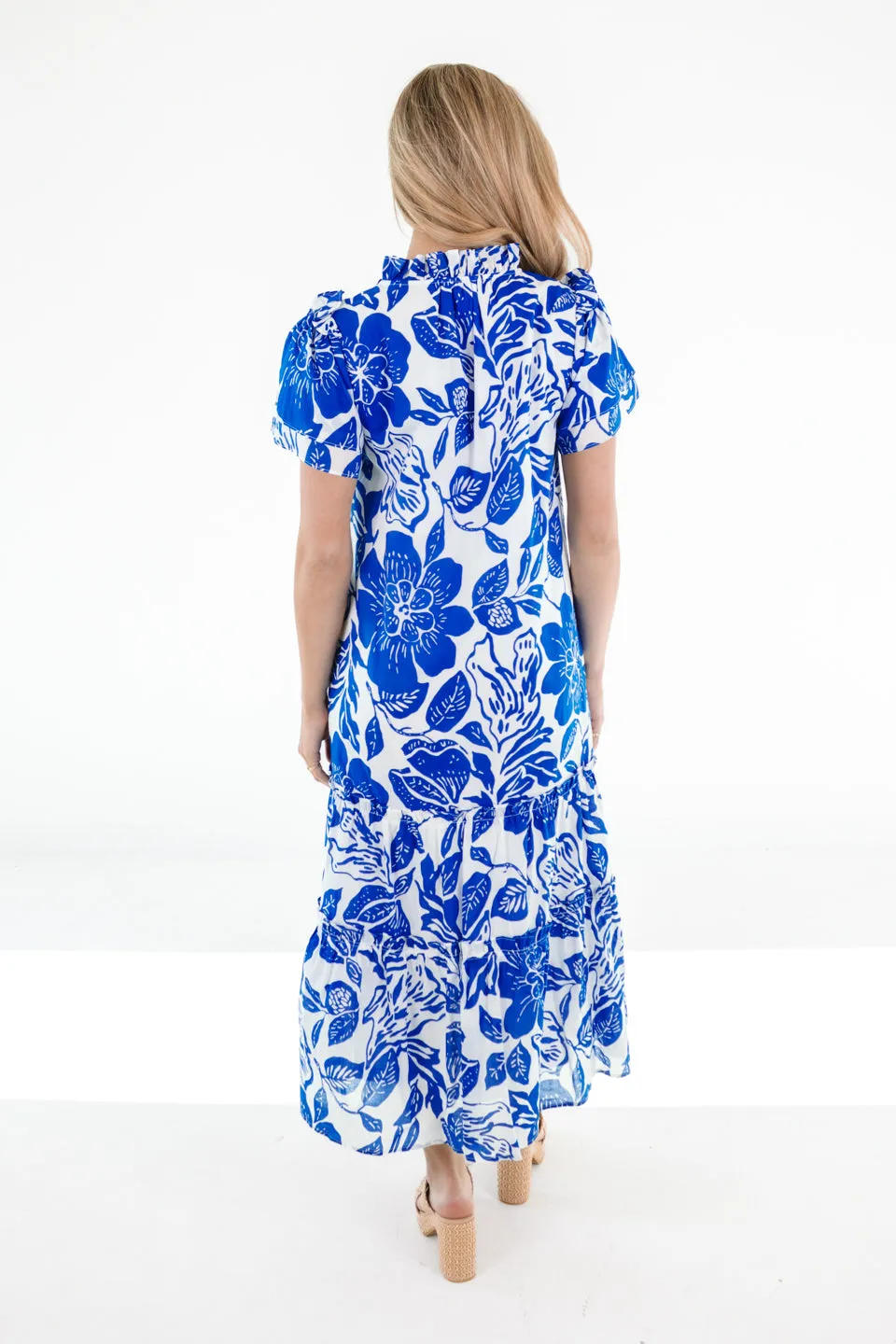 The Laken Ruffle Sleeve Midi Dress - Blue