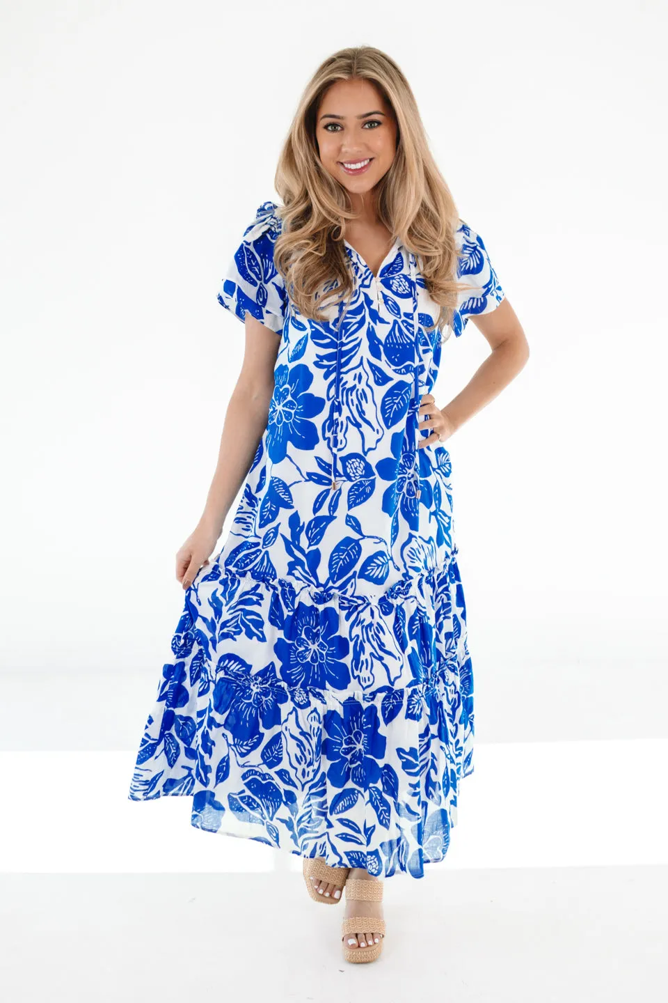 The Laken Ruffle Sleeve Midi Dress - Blue