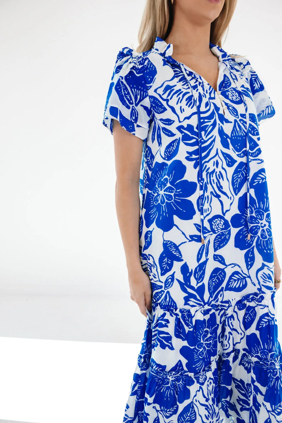 The Laken Ruffle Sleeve Midi Dress - Blue