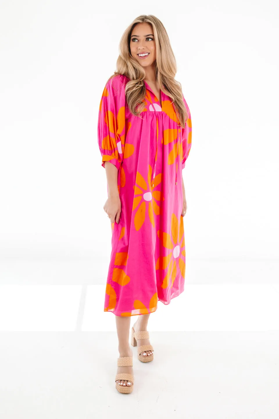 The Maui Puff Sleeve Midi Dress - Pink