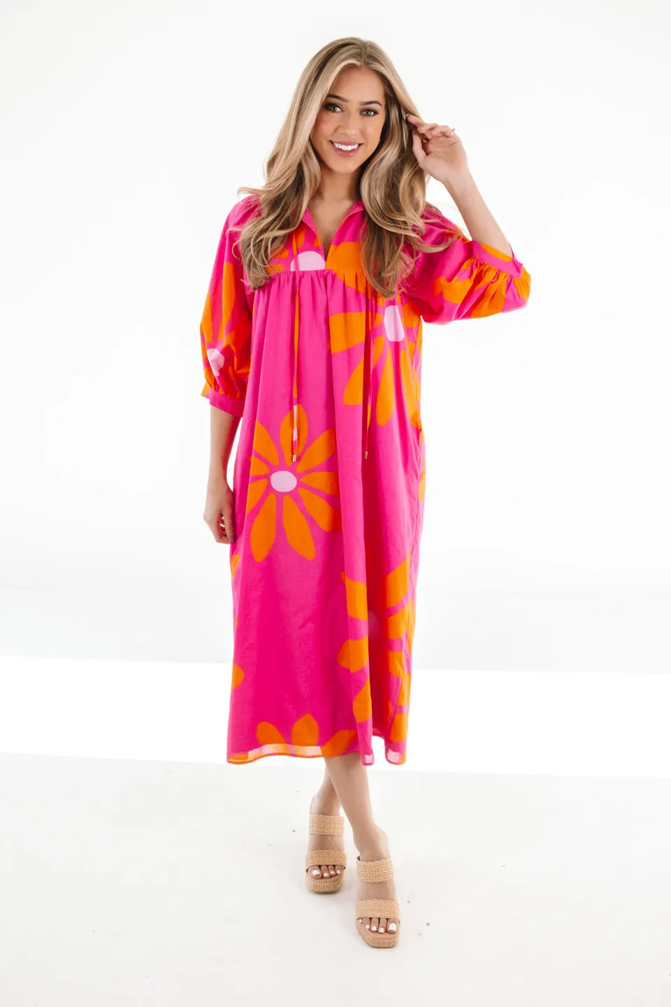 The Maui Puff Sleeve Midi Dress - Pink