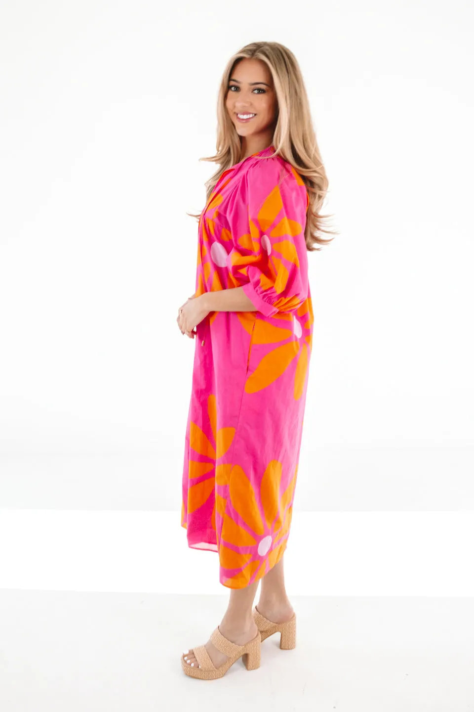 The Maui Puff Sleeve Midi Dress - Pink