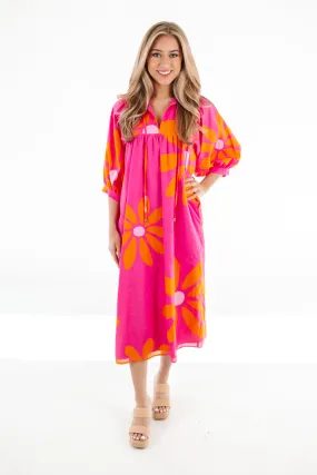 The Maui Puff Sleeve Midi Dress - Pink