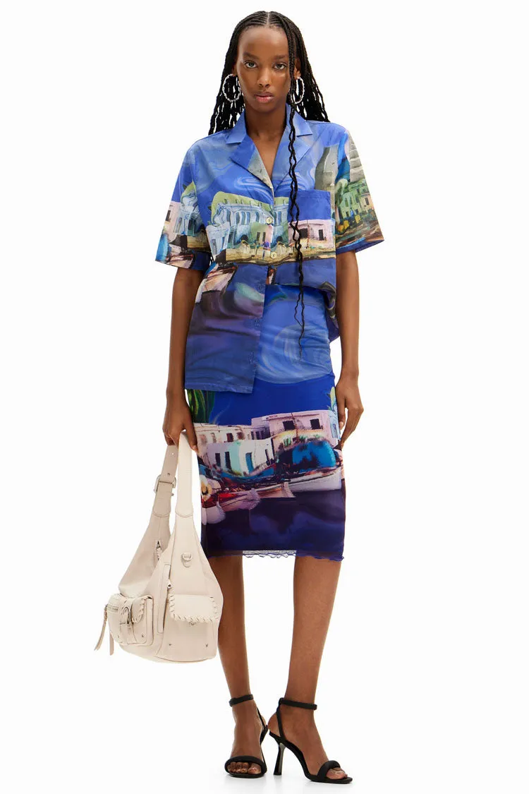 Tulle Landscape Printed Midi Skirt