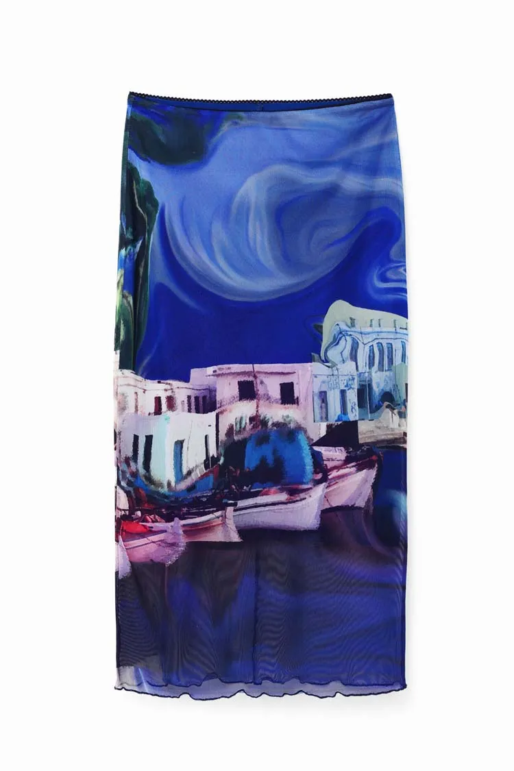 Tulle Landscape Printed Midi Skirt