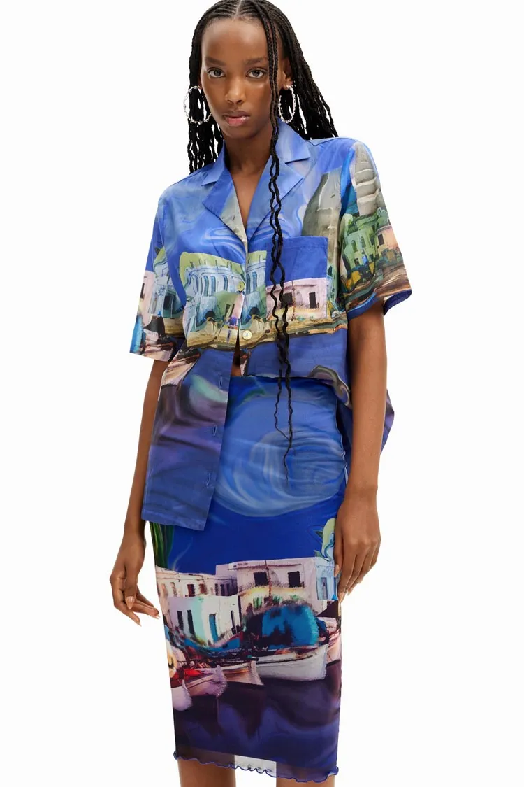 Tulle Landscape Printed Midi Skirt