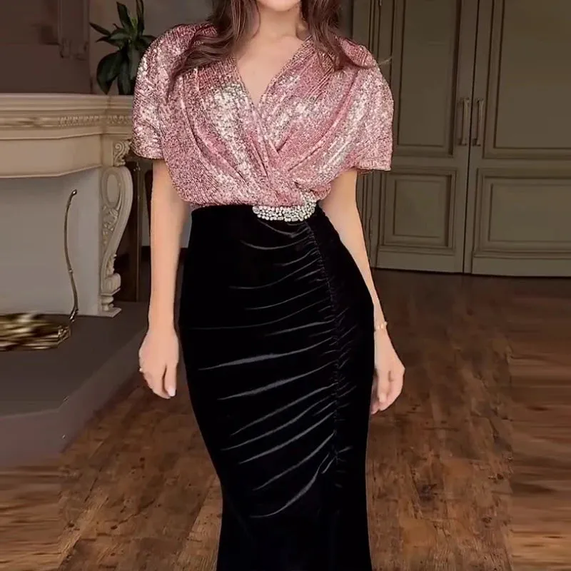 UAKISS  -  Banquet Elegant Sequins V-Neck Wrap Dress 2025 Women Retro Patchwork Velvet Long Dress Sexy Glitter High Split Pleat Party Dress