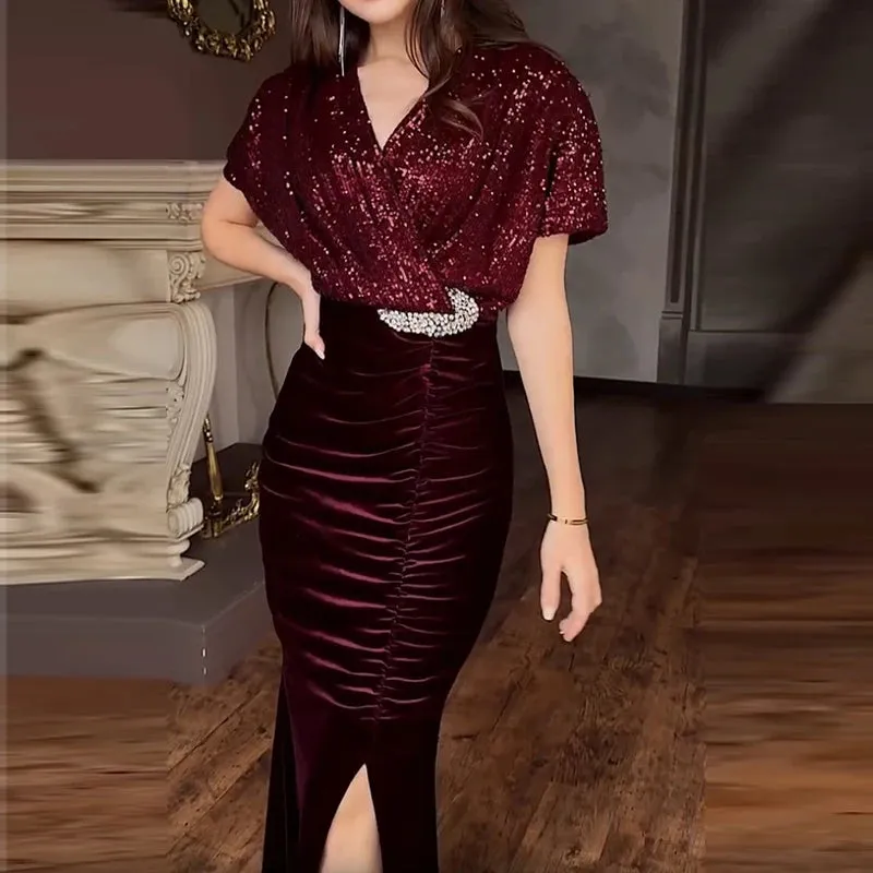 UAKISS  -  Banquet Elegant Sequins V-Neck Wrap Dress 2025 Women Retro Patchwork Velvet Long Dress Sexy Glitter High Split Pleat Party Dress