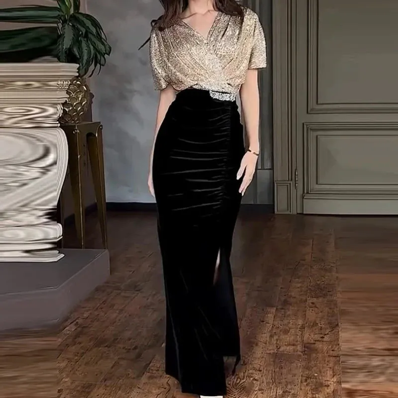 UAKISS  -  Banquet Elegant Sequins V-Neck Wrap Dress 2025 Women Retro Patchwork Velvet Long Dress Sexy Glitter High Split Pleat Party Dress