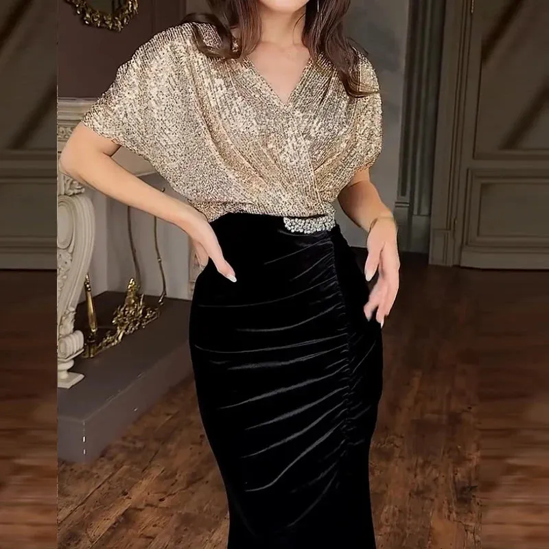 UAKISS  -  Banquet Elegant Sequins V-Neck Wrap Dress 2025 Women Retro Patchwork Velvet Long Dress Sexy Glitter High Split Pleat Party Dress
