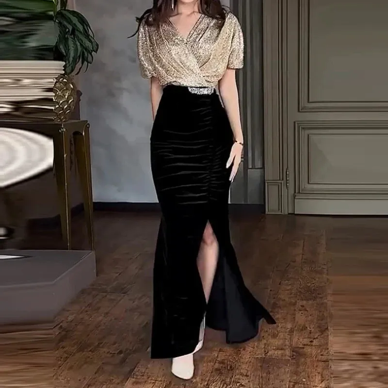 UAKISS  -  Banquet Elegant Sequins V-Neck Wrap Dress 2025 Women Retro Patchwork Velvet Long Dress Sexy Glitter High Split Pleat Party Dress