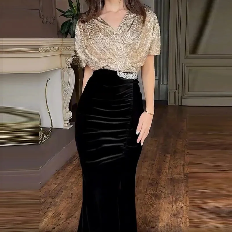 UAKISS  -  Banquet Elegant Sequins V-Neck Wrap Dress 2025 Women Retro Patchwork Velvet Long Dress Sexy Glitter High Split Pleat Party Dress