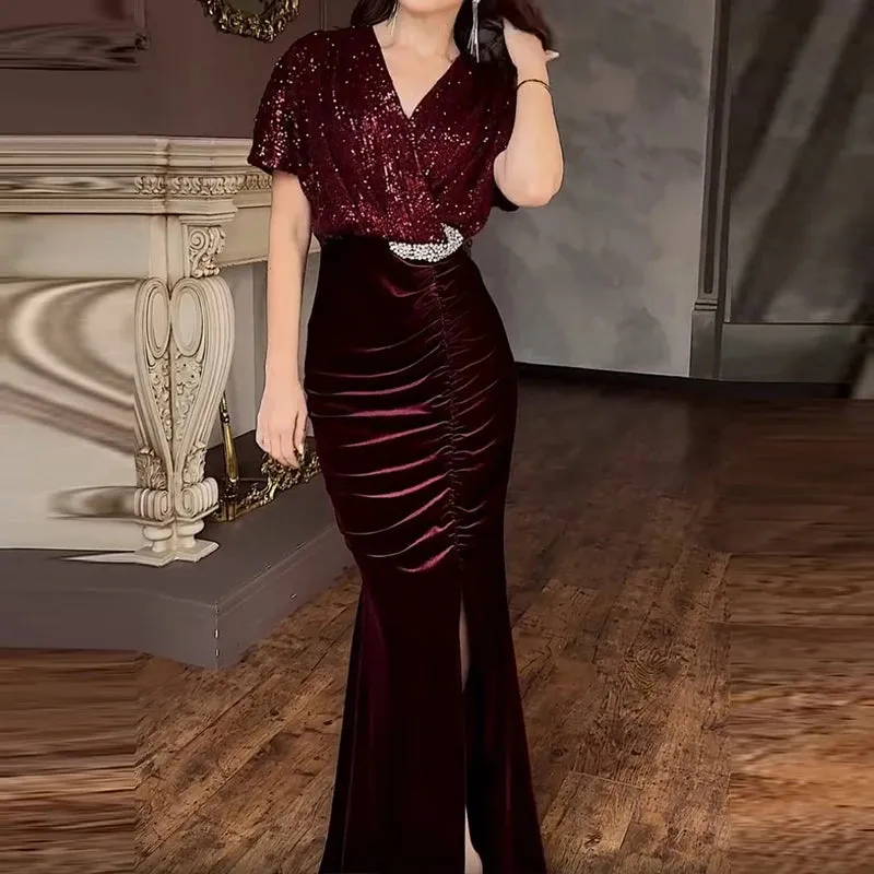 UAKISS  -  Banquet Elegant Sequins V-Neck Wrap Dress 2025 Women Retro Patchwork Velvet Long Dress Sexy Glitter High Split Pleat Party Dress
