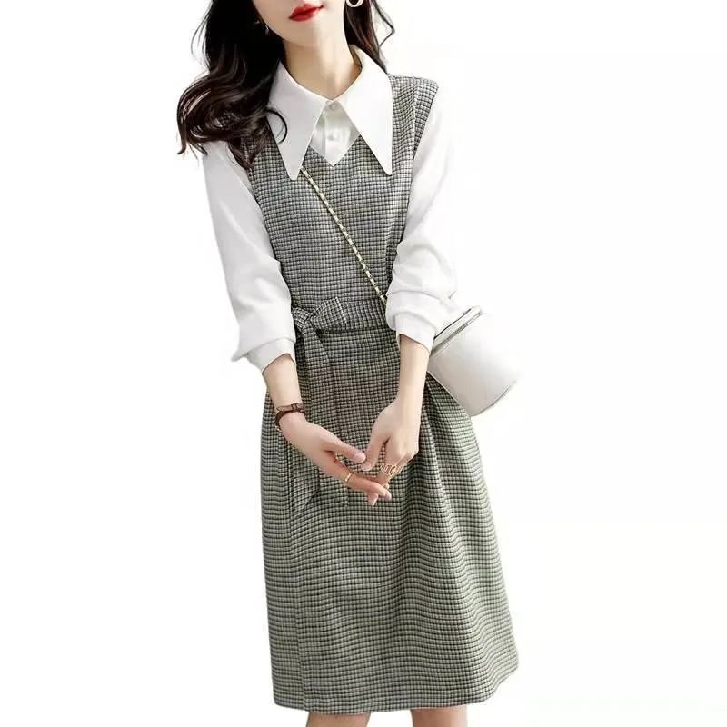 Uniwim business casual outfits for women Autumn New Commuter Elegant Socialite Age-Reducing Stitching Fake Two Pieces Dress Women