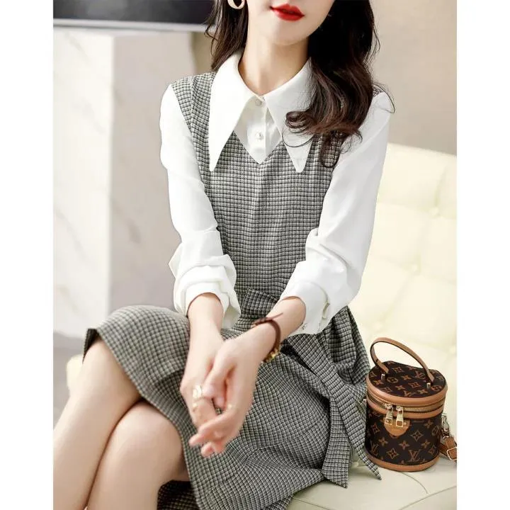 Uniwim business casual outfits for women Autumn New Commuter Elegant Socialite Age-Reducing Stitching Fake Two Pieces Dress Women