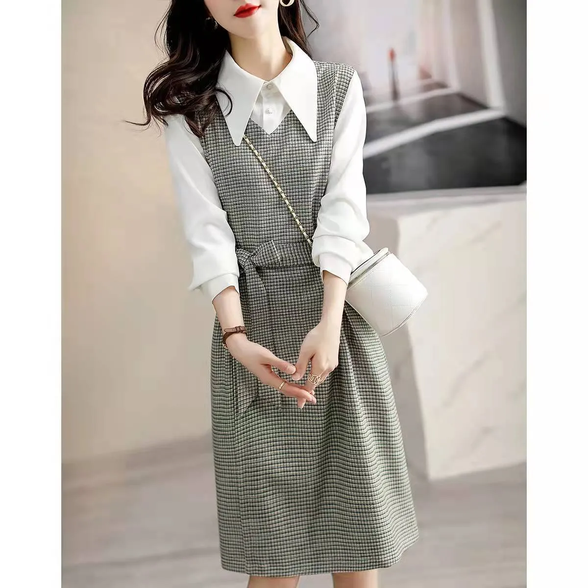 Uniwim business casual outfits for women Autumn New Commuter Elegant Socialite Age-Reducing Stitching Fake Two Pieces Dress Women