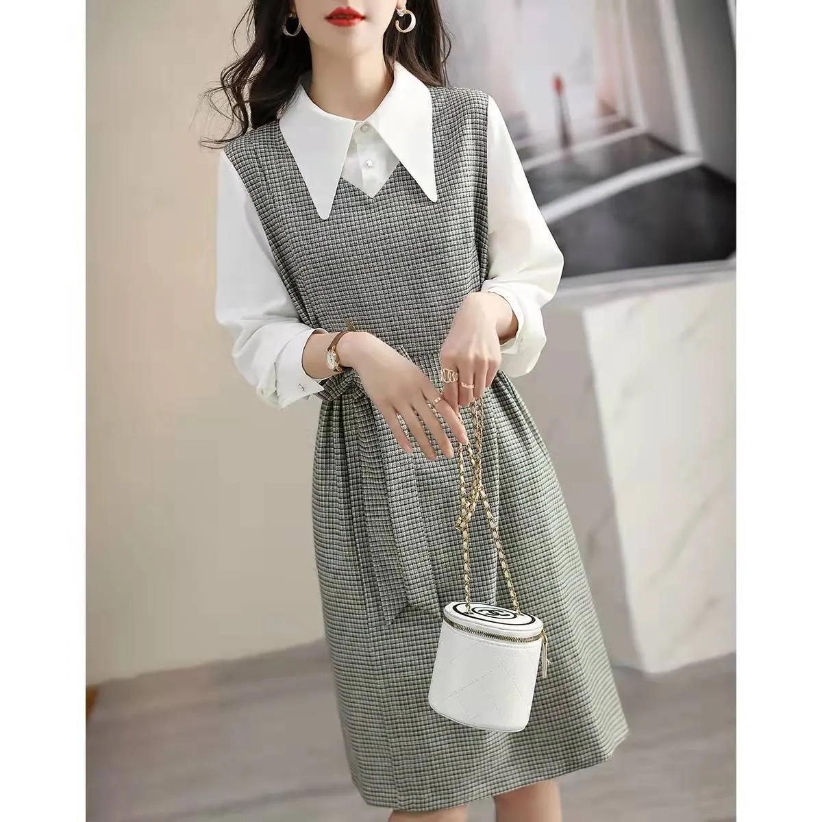 Uniwim business casual outfits for women Autumn New Commuter Elegant Socialite Age-Reducing Stitching Fake Two Pieces Dress Women
