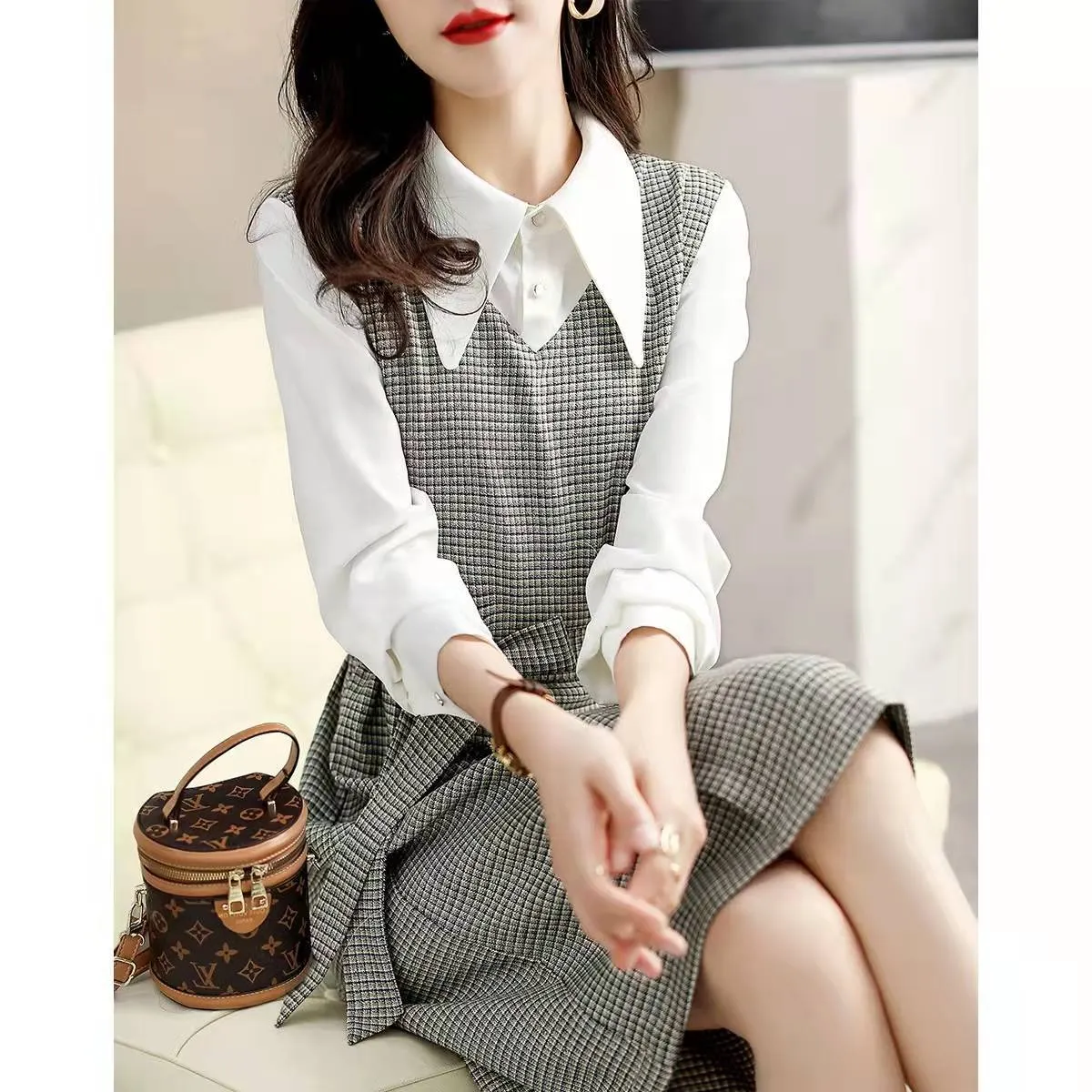 Uniwim business casual outfits for women Autumn New Commuter Elegant Socialite Age-Reducing Stitching Fake Two Pieces Dress Women