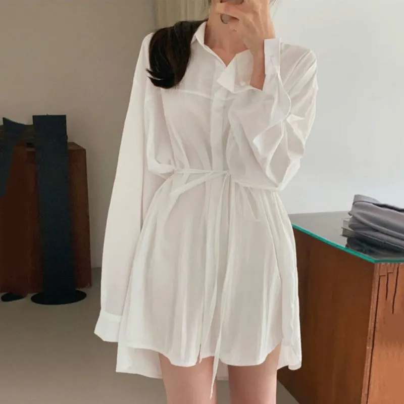 Uniwim style Long Sleeve Polo Collar Lace-up Loose Shirt Dress Spring and Autumn New Women's Clothing Salt Korean Style Stacked Short Skirt