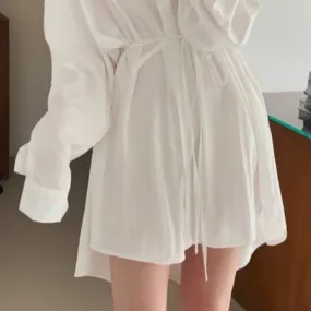 Uniwim style Long Sleeve Polo Collar Lace-up Loose Shirt Dress Spring and Autumn New Women's Clothing Salt Korean Style Stacked Short Skirt
