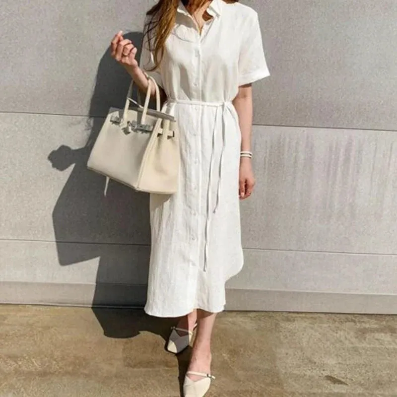 Uniwim Summer Cotton and Linen Long Dress Fashion New Polo Neck Single Breasted Shirt Dress Casual Simplicity Loose Lace-up Vestidos
