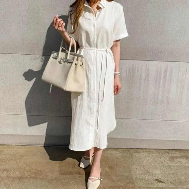 Uniwim Summer Cotton and Linen Long Dress Fashion New Polo Neck Single Breasted Shirt Dress Casual Simplicity Loose Lace-up Vestidos