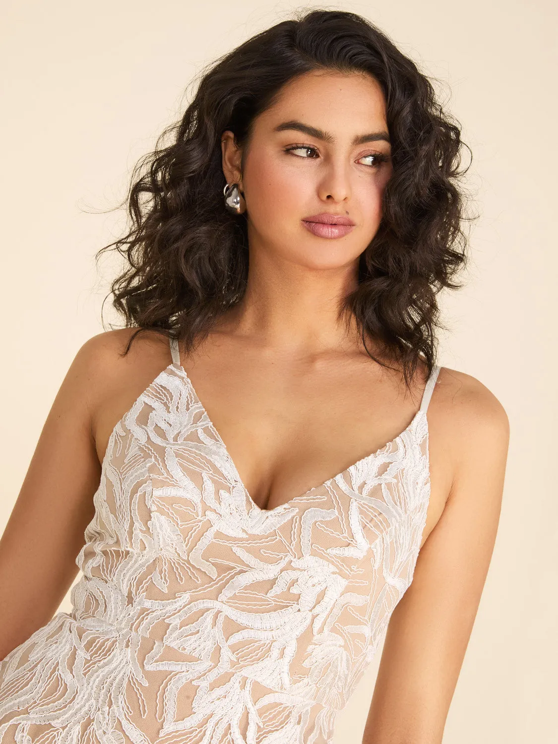 V-Neck Allover Corded Lace High-Low Dress