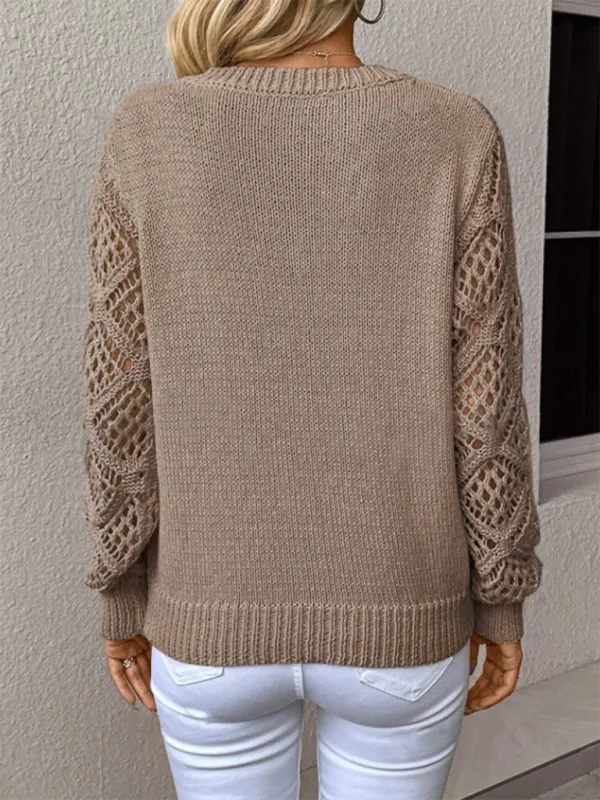 V-neck Hollow Out Embroidery Long Sleeve Sweater Knit Top