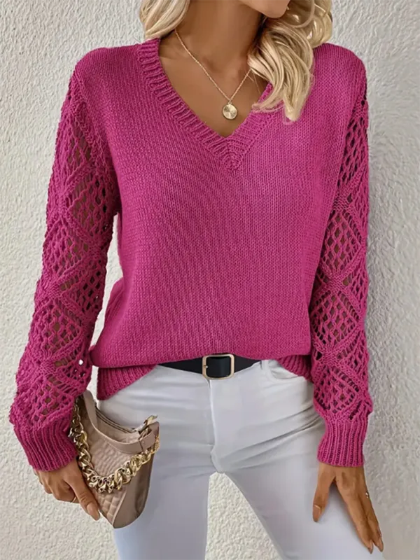 V-neck Hollow Out Embroidery Long Sleeve Sweater Knit Top