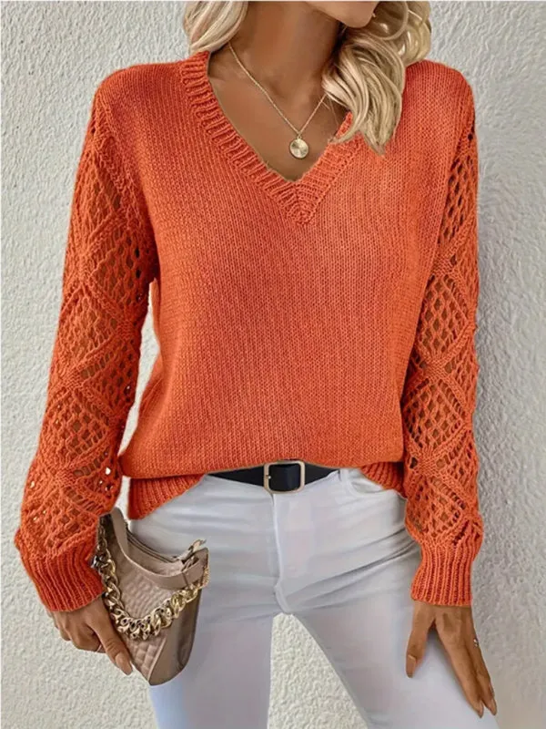 V-neck Hollow Out Embroidery Long Sleeve Sweater Knit Top