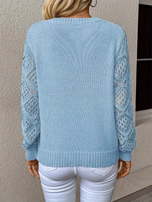 V-neck Hollow Out Embroidery Long Sleeve Sweater Knit Top
