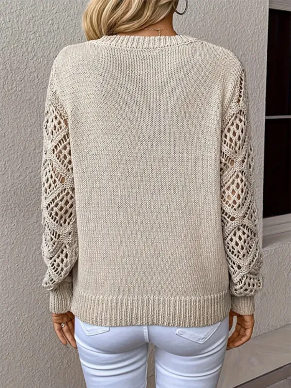 V-neck Hollow Out Embroidery Long Sleeve Sweater Knit Top