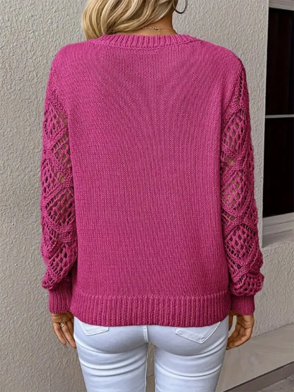 V-neck Hollow Out Embroidery Long Sleeve Sweater Knit Top