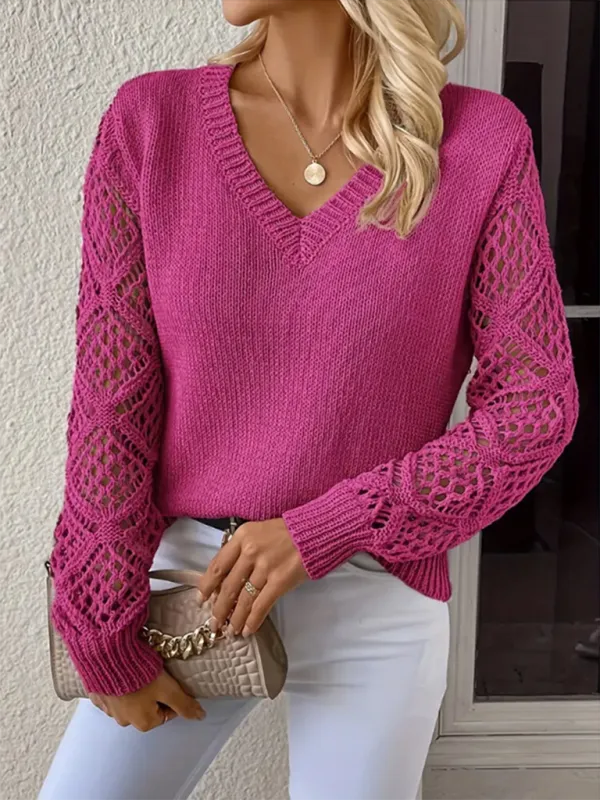 V-neck Hollow Out Embroidery Long Sleeve Sweater Knit Top
