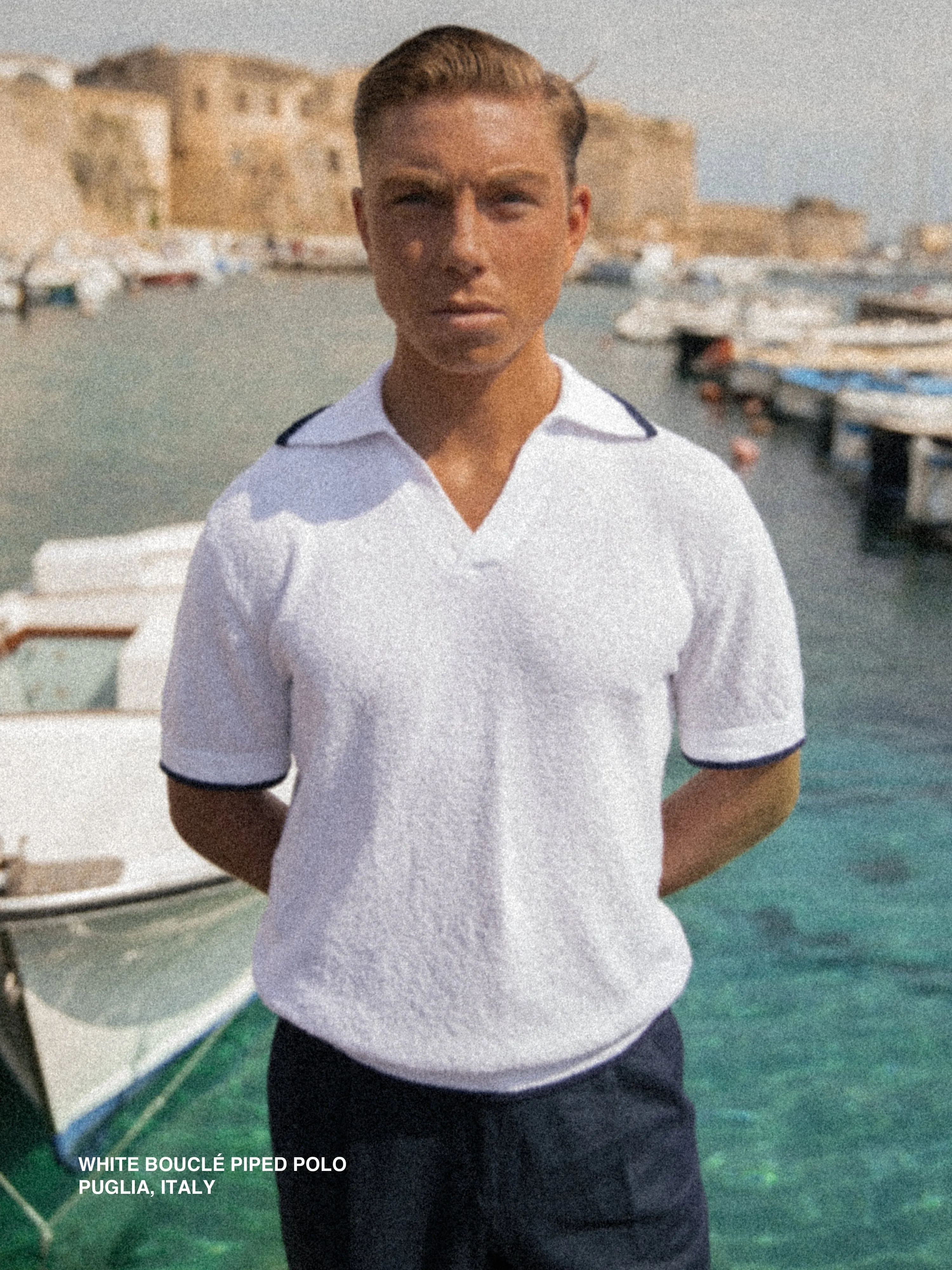 White Bouclé Piped Polo