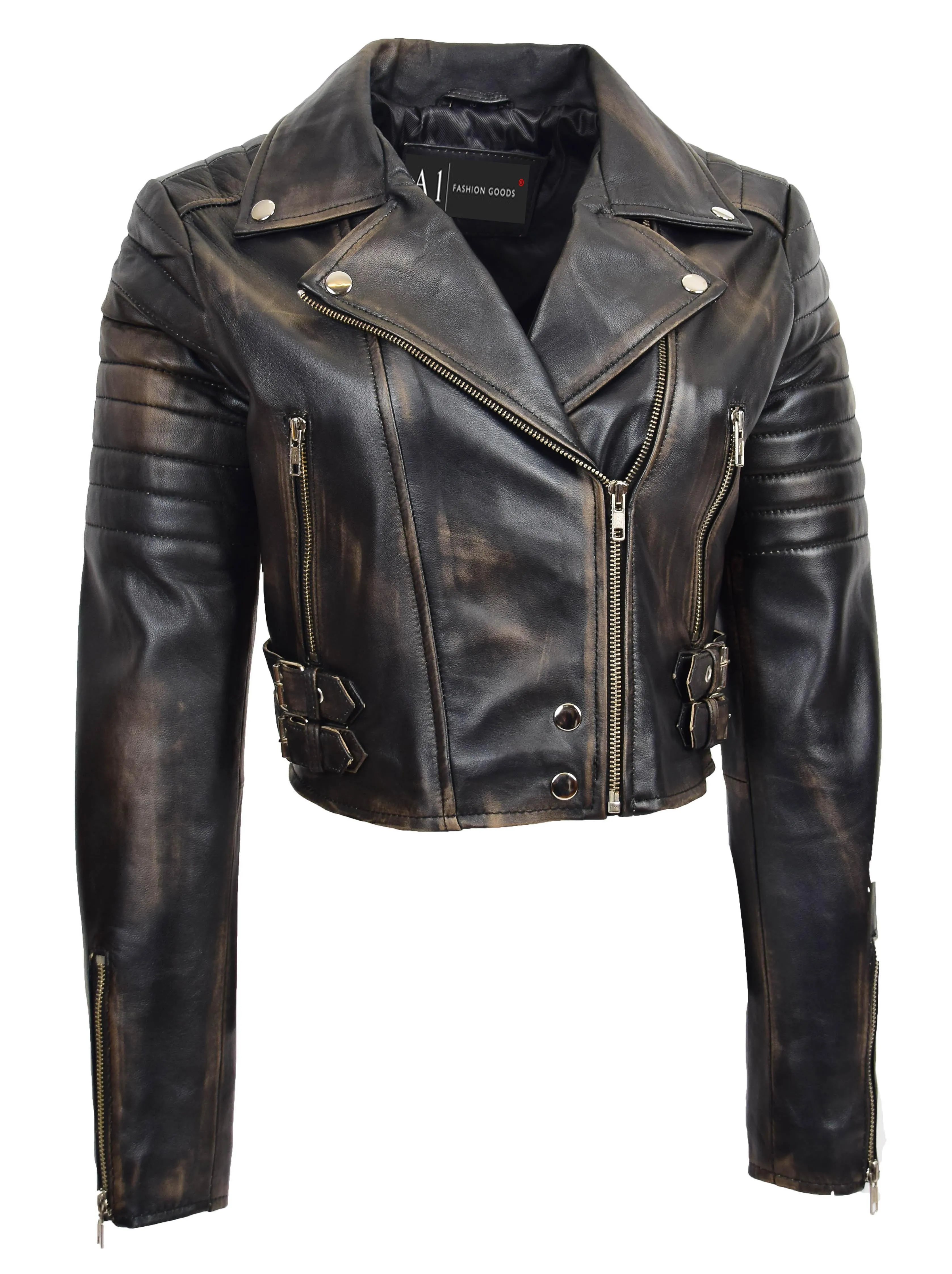 Womens Fitted Cropped Bustier Style Leather Jacket Amanda Rub Off