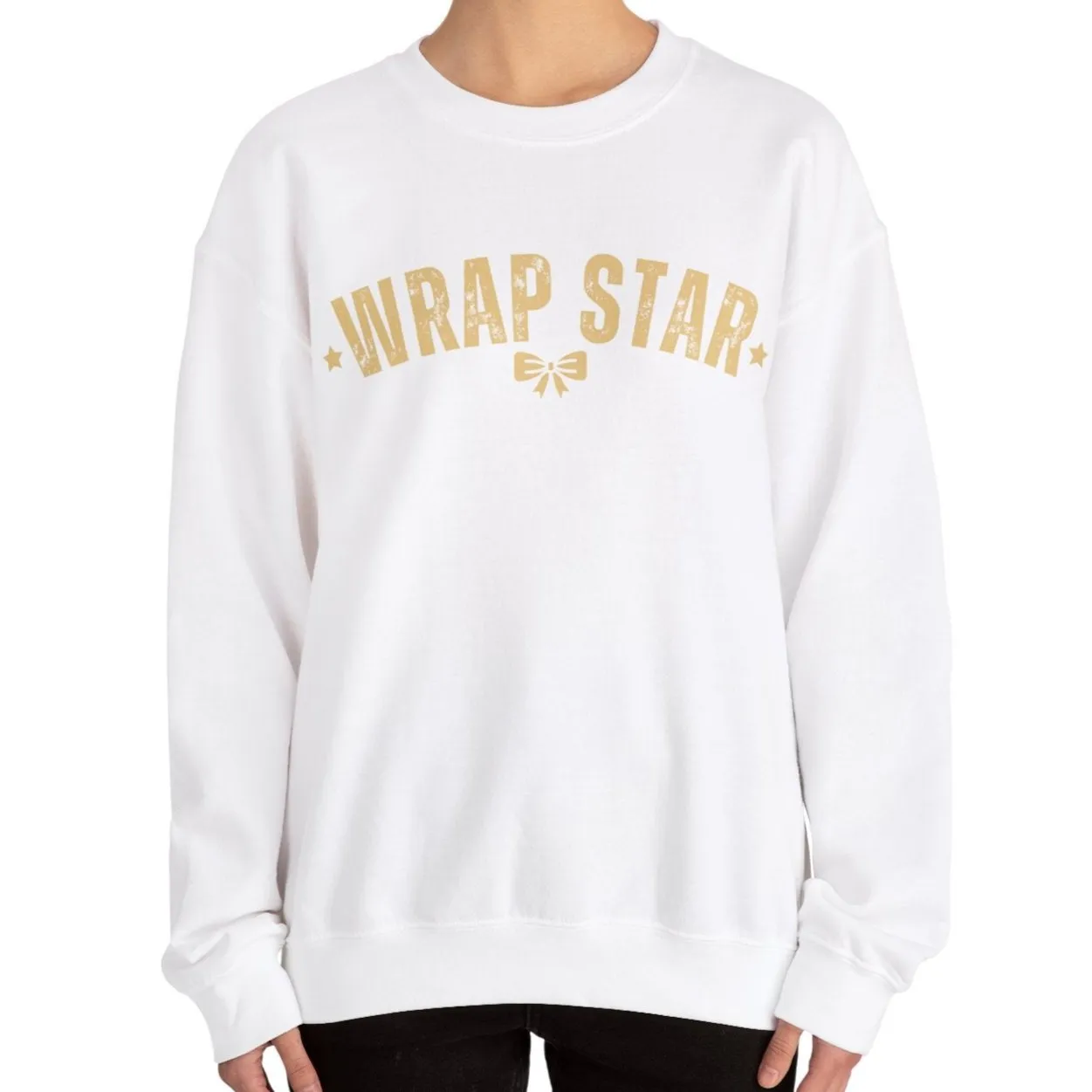 Women's Heavy Sweatshirt – "Wrap Star" Fun Holiday Gift Wrapping Graphic Sweatshirt