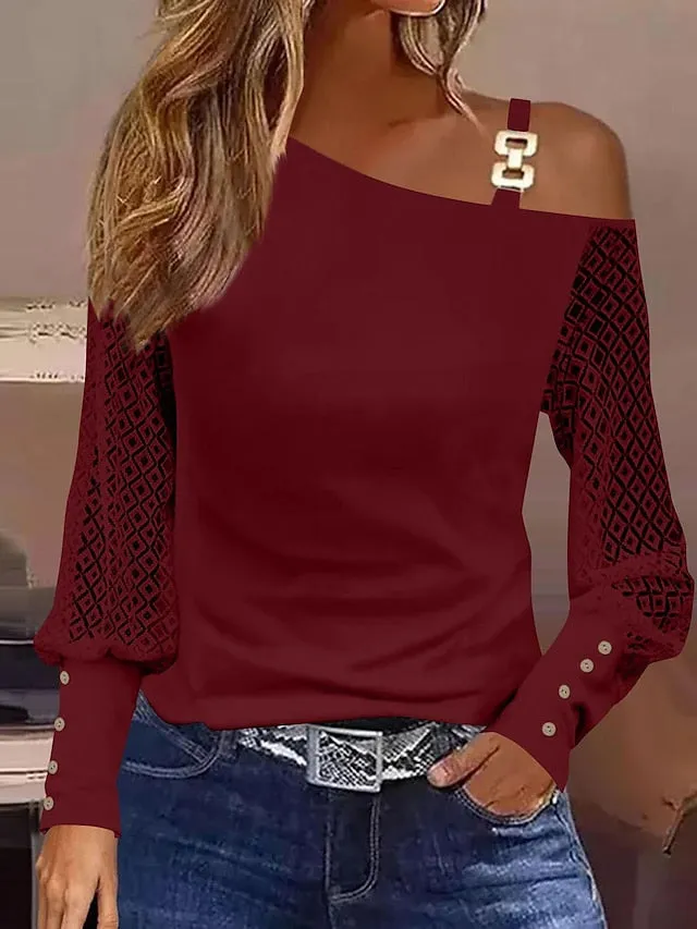 Women's Lace Shirt Shirt Blouse Plain Casual Black White Pink Lace Long Sleeve Elegant Fashion Daily One Shoulder Regular Fit Fall & Winter