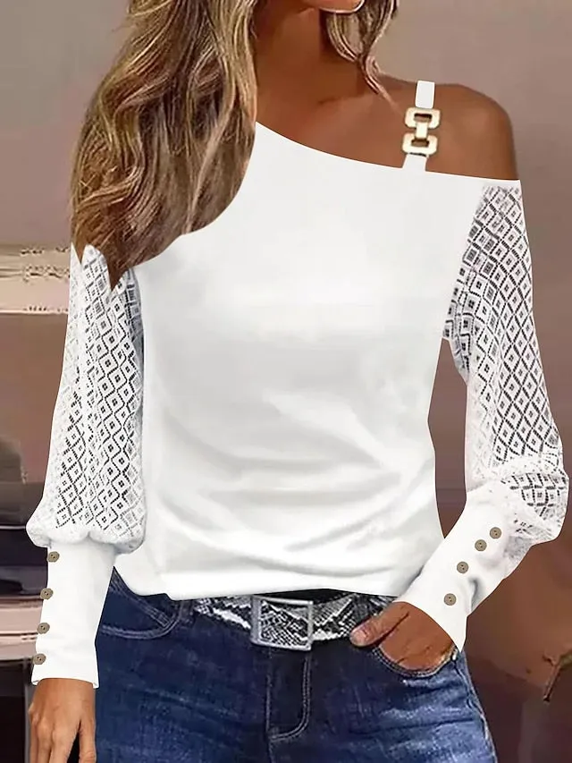 Women's Lace Shirt Shirt Blouse Plain Casual Black White Pink Lace Long Sleeve Elegant Fashion Daily One Shoulder Regular Fit Fall & Winter