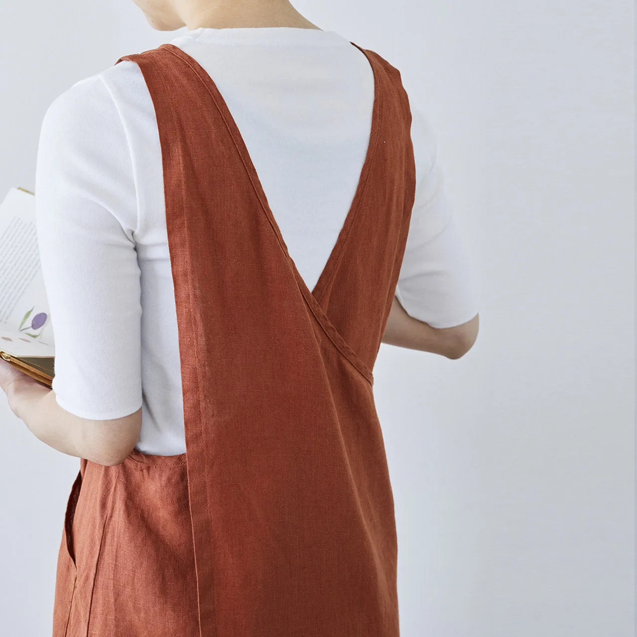 Women's Linen Cross Wrap Apron Dress - Red Ochre *Last One!