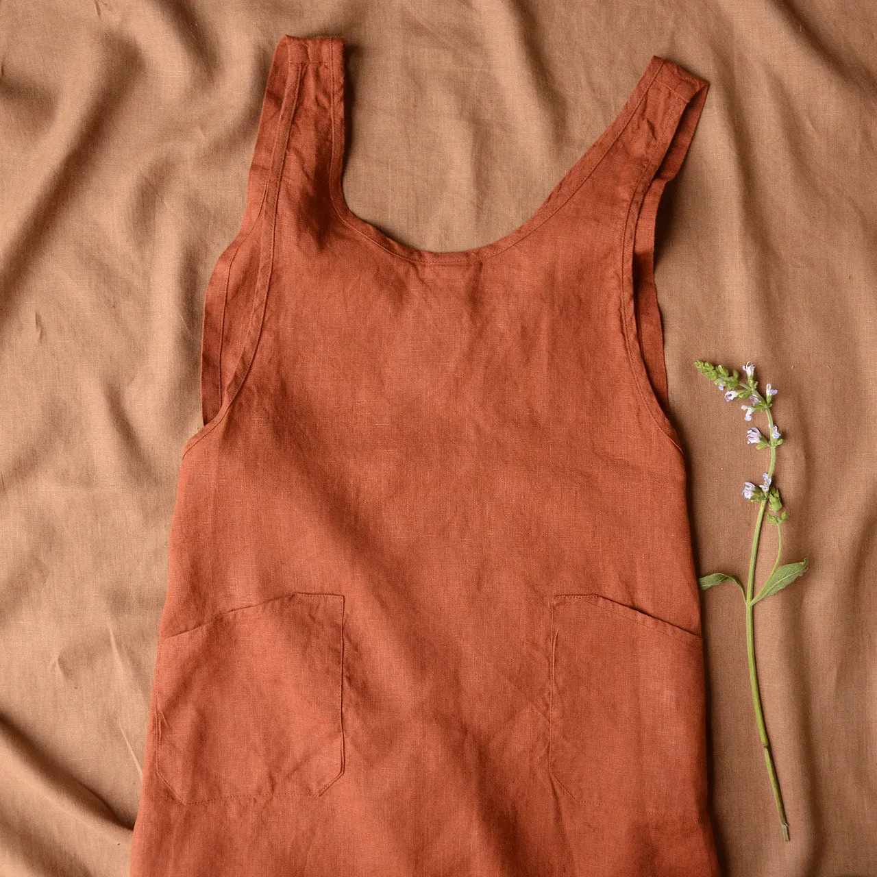 Women's Linen Cross Wrap Apron Dress - Red Ochre *Last One!